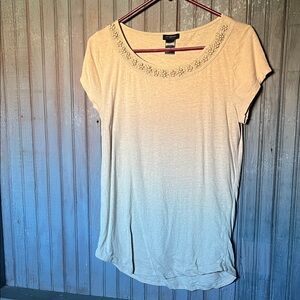 Ann Taylor Cream Short Sleeve Top with Embellished Neckline